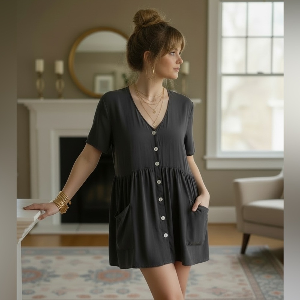 Zara Solid Black Button-Down Baby Doll Tunic Shir… - image 1